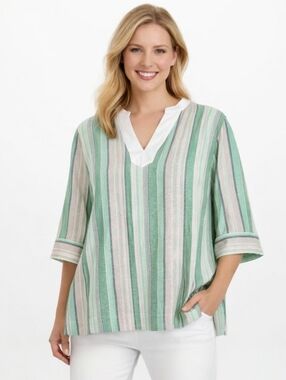 Kasper Linen Blend Apple Green Multi Stripe Blouse – NWT Size XL